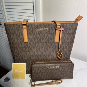 Michael Kors Brown Monogram Tote with Leather Trim